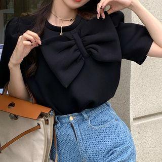 Short-sleeve Plain Loose Fit Bow T-shirt