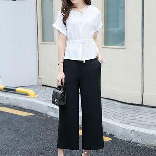 Set: Drawstring Waist Short-sleeve Top + Wide Leg Pants