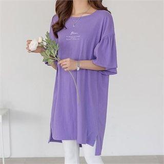 Shirred-sleeve Slit-side T-shirt Dress