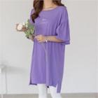 Shirred-sleeve Slit-side T-shirt Dress