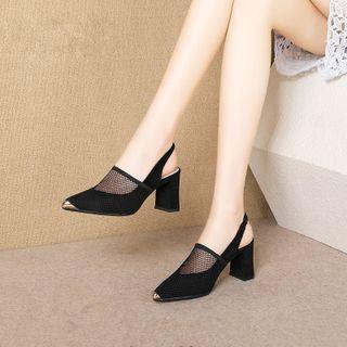 Pointed Mesh Panel Block Heel Mules