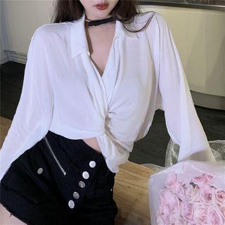 Knotted Hem V-neck Long Sleeve Cropped Shirt