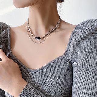 Gemstone Layered Alloy Choker Black & Silver - One Size