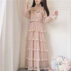 Set: Long-sleeve Maxi Mesh Tiered Dress + Floral Embroidered Camisole Top
