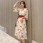 3/4-sleeve Floral Chiffon Sashed A-line Midi Dress