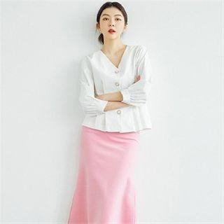 Balloon-sleeve Pintuck-waist Blouse