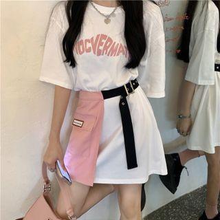 Short-sleeve Lettering Mini T-shirt Dress / Pocket Detail Mini A-line Skirt