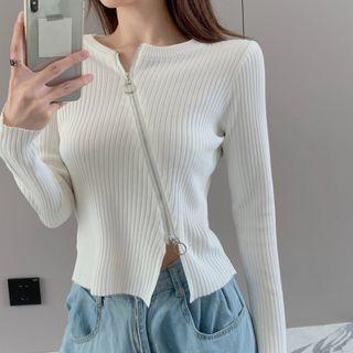 Asymmetrical Zip-up Ribbed Knit Top