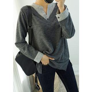 Tall Size Open-placket Stripe-panel Top