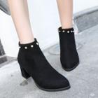 Block Heel Embellished Pointed Ankle Boots