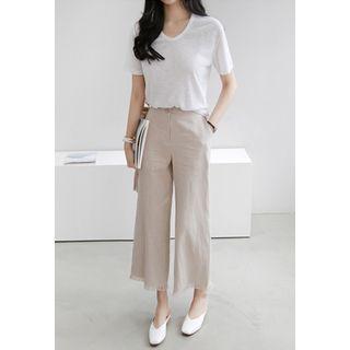 Fringe-hem Linen Wide-leg Pants
