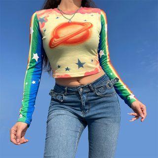 Long Sleeve Star Print Crop Top