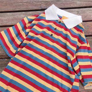 Striped Collared Short-sleeve T-shirt As Shown In Figure - One Size