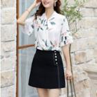Bow Accent Print Short-sleeve Blouse