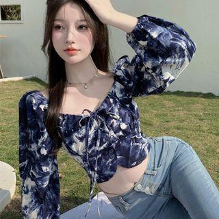 Balloon-sleeve Tie-dyed Cropped Blouse