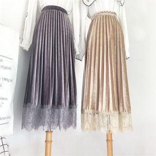 Accordion Pleat Lace Hem Midi Velvet Skirt