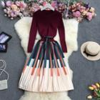 Color Block Knit Accordion Pleat Midi A-line Dress