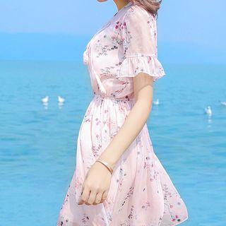Short-sleeve Floral Print A-line Sun Dress