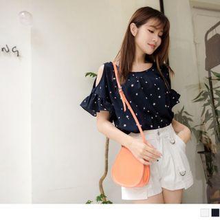 Ruffle Sleeve Cold-shoulder Star-print Chiffon Top