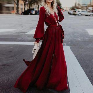 Plain Tie-waist Slit Maxi A-line Dress