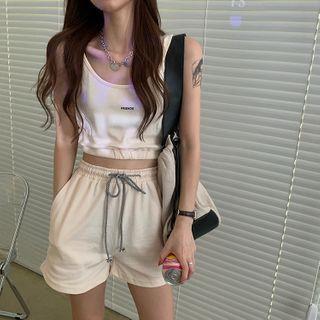 Lettering Cropped Tank Top / Drawstring Shorts