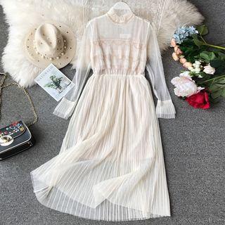 Set: Bell-sleeve Midi Pleated Mesh Dress + Spaghetti Strap Mini Dress