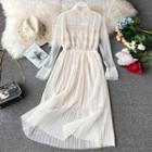 Set: Bell-sleeve Midi Pleated Mesh Dress + Spaghetti Strap Mini Dress
