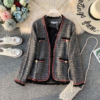 Contrast-trim Long-sleeve Tweed Blazer