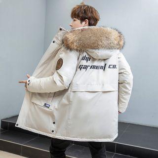 Fluffy Trim Lettering Print Hooded Zip Jacket