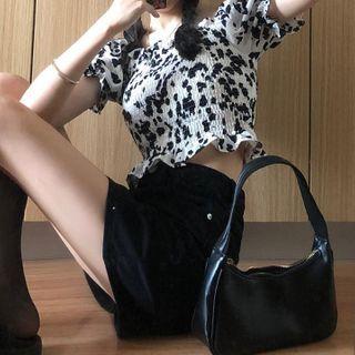 Printed Puff-sleeve Cropped Blouse / Mini A-line Skirt