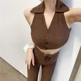 Sleeveless Halter Cropped Top / High-waist Drawstring Pants