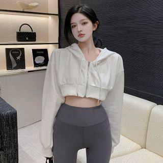 Long Sleeve Plain Hooded Cropped Cardigan White - One Size