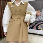 Long-sleeve Plain Shirt / Sleeveless Belted Mini A-line Dress