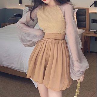 Mesh Panel Lantern-sleeve Top / Shorts