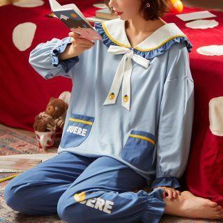 Loungewear Set: Long-sleeve Peter Pan Collar Top + Pants