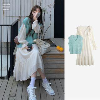 Long-sleeve Ruffled Midi A-line Dress / Sweater Vest