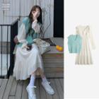 Long-sleeve Ruffled Midi A-line Dress / Sweater Vest