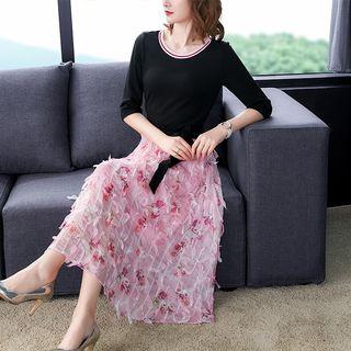 Mock Two-piece 3/4-sleeve Floral A-line Midi Dress
