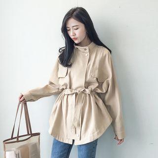 Gather-waist Buttoned Trench Coat
