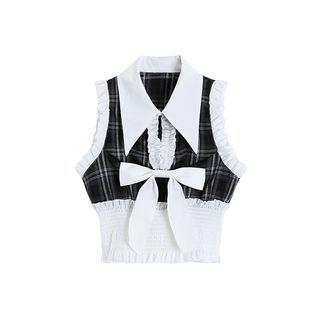 Collar Ruffled Plaid Panel Tank Top Plaid - Black & White - One Size