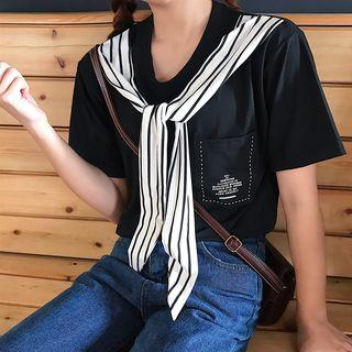 Short-sleeve Striped Paneled Letter T-shirt