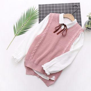 Set: Long-sleeve Tie-neck Shirt + Knit Vest