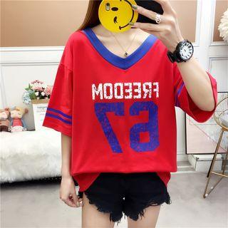 Printed V-neck Elbow Sleeve T-shirt