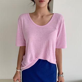 Scoop-neck Linen Blend T-shirt Pink - One Size