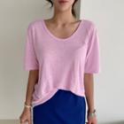Scoop-neck Linen Blend T-shirt Pink - One Size