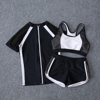 Set: Zip Short-sleeve Rashguard + Bikini Top + Swim Shorts
