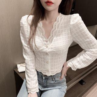 Lace V-neck Long-sleeve Slim-fit Blouse