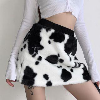 Cow Print Fluffy Mini Skirt