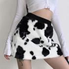 Cow Print Fluffy Mini Skirt