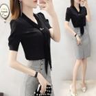 Set: Short-sleeve Mock-tie Chiffon Blouse + Fitted Mini Skirt